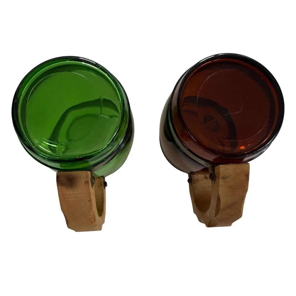 Vtg 1950s‎ 1960s Mid Century Glass Mugs w/ Wood Handles Brass Bands Green Amber
